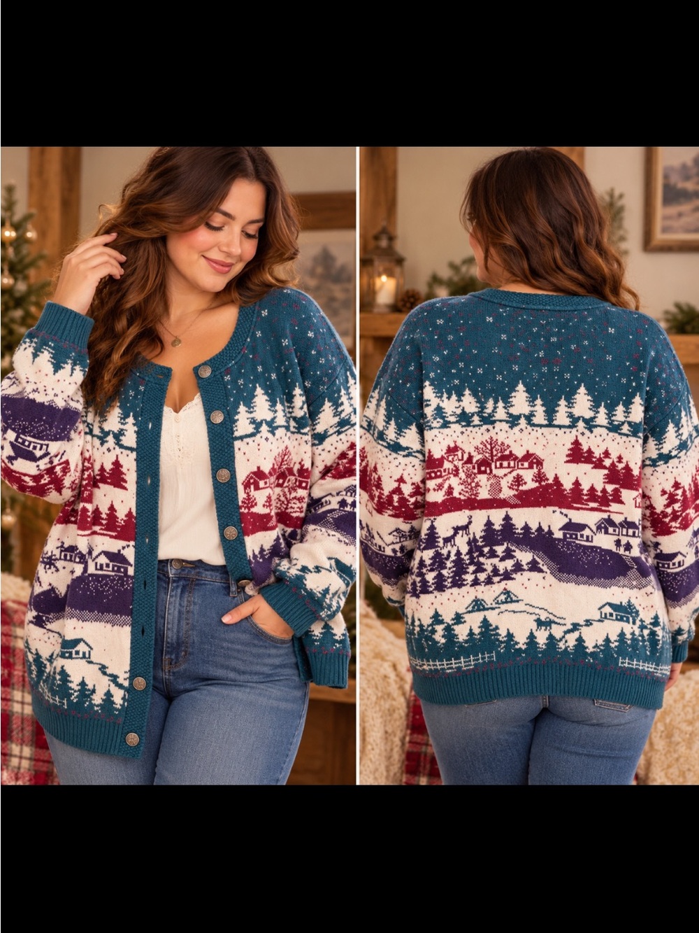 Vintage cottage core Parkhurst Teal, Burgundy, Purple Scenic Fair Isle Cardigan